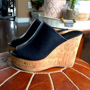 Black cork wedge peep toe heels